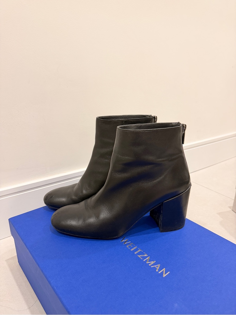 Stuart Weitzman Black Leather Block Heel Ankle Booties